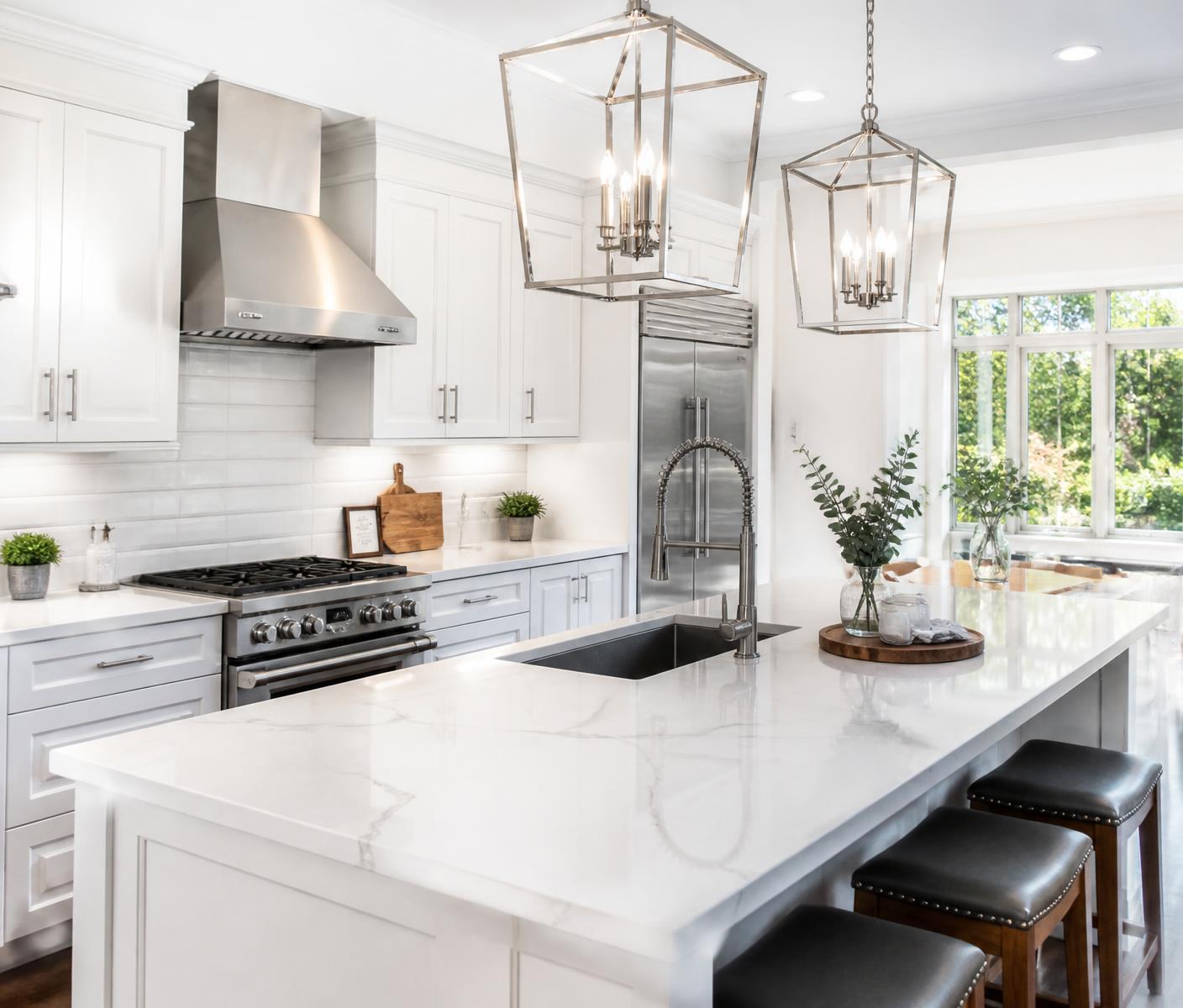 Perfectly clean kitchen with polished countertops and spotless appliances