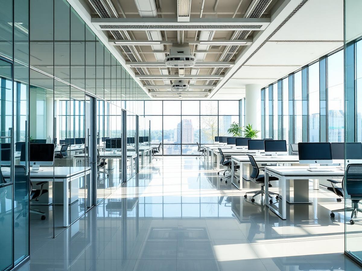 Clean open-plan office with polished floors