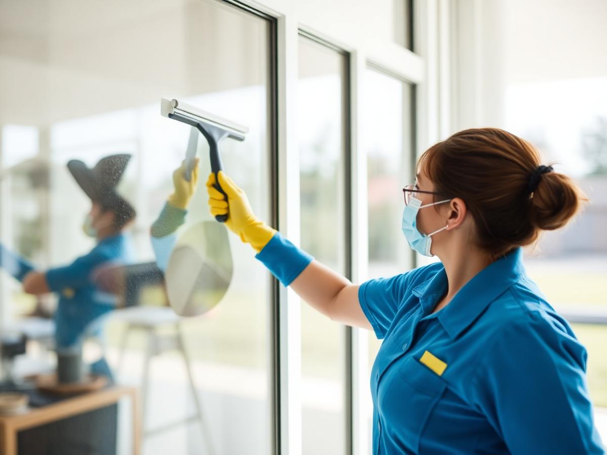 Professional cleaner squeegeeing a streak-free window